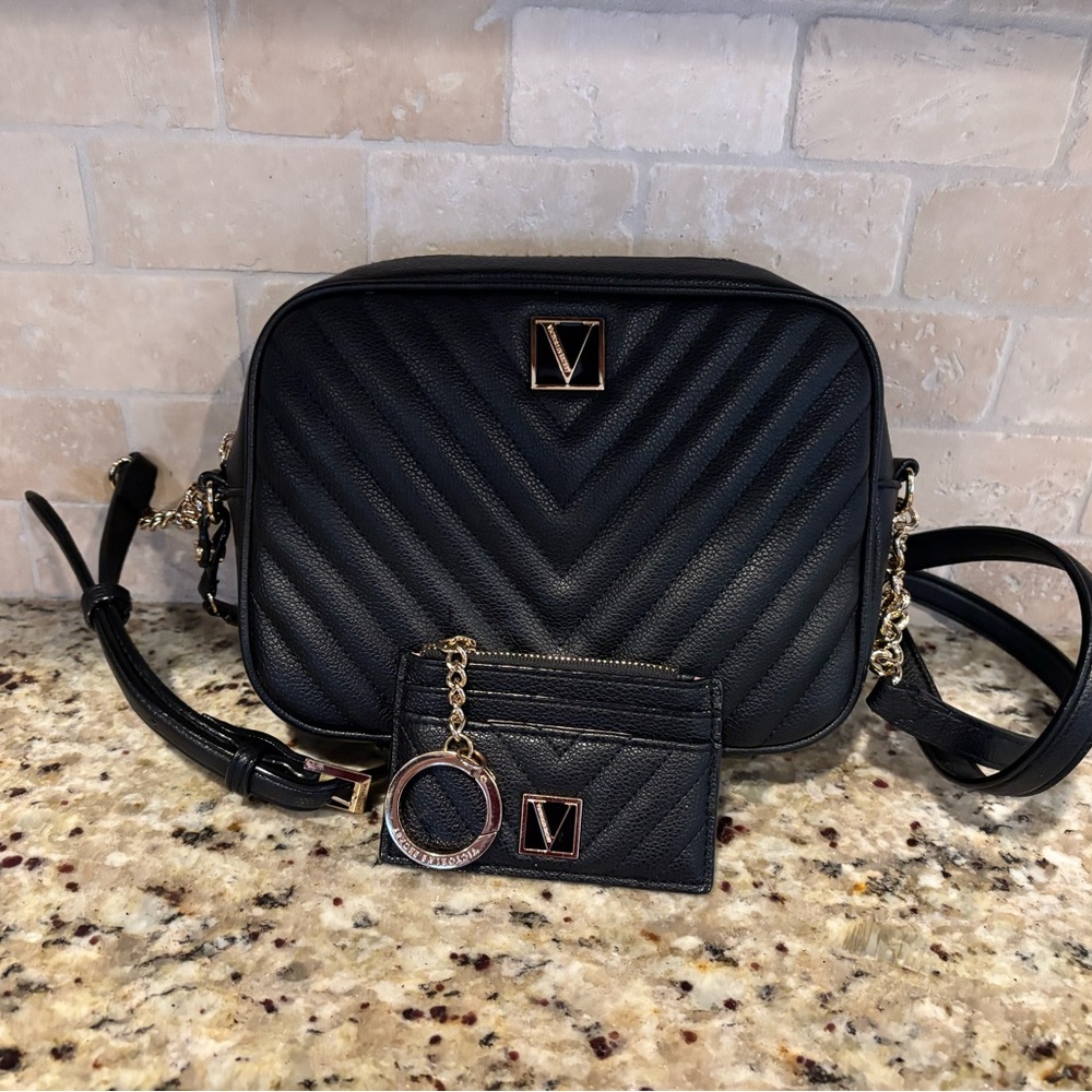 Victoria Secret Black Quilted Crossbody Bag with Card Holder
